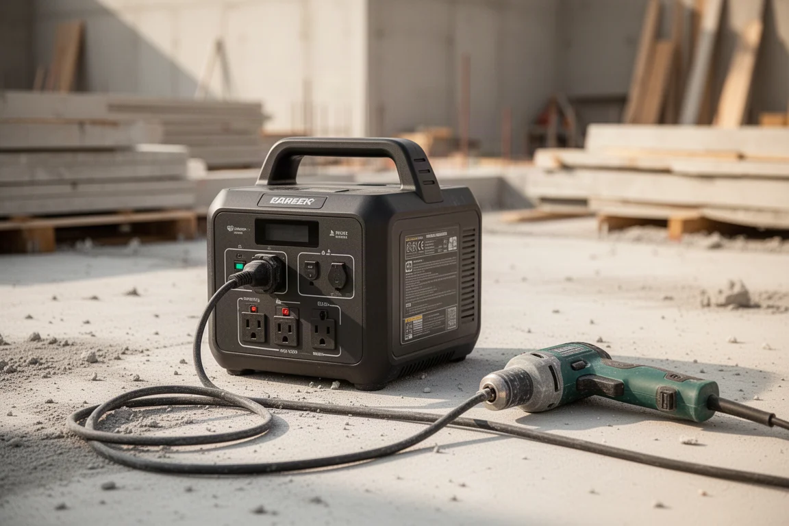 Herramienta eléctrica con cable conectada a un tomacorriente de una fuente de alimentación portátil en una obra en construcción