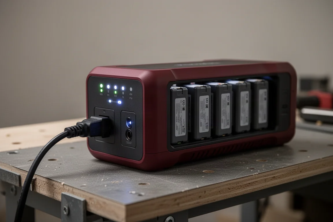 Unidad de alimentación cargando cuatro baterías simultáneamente con un cable de extensión conectado