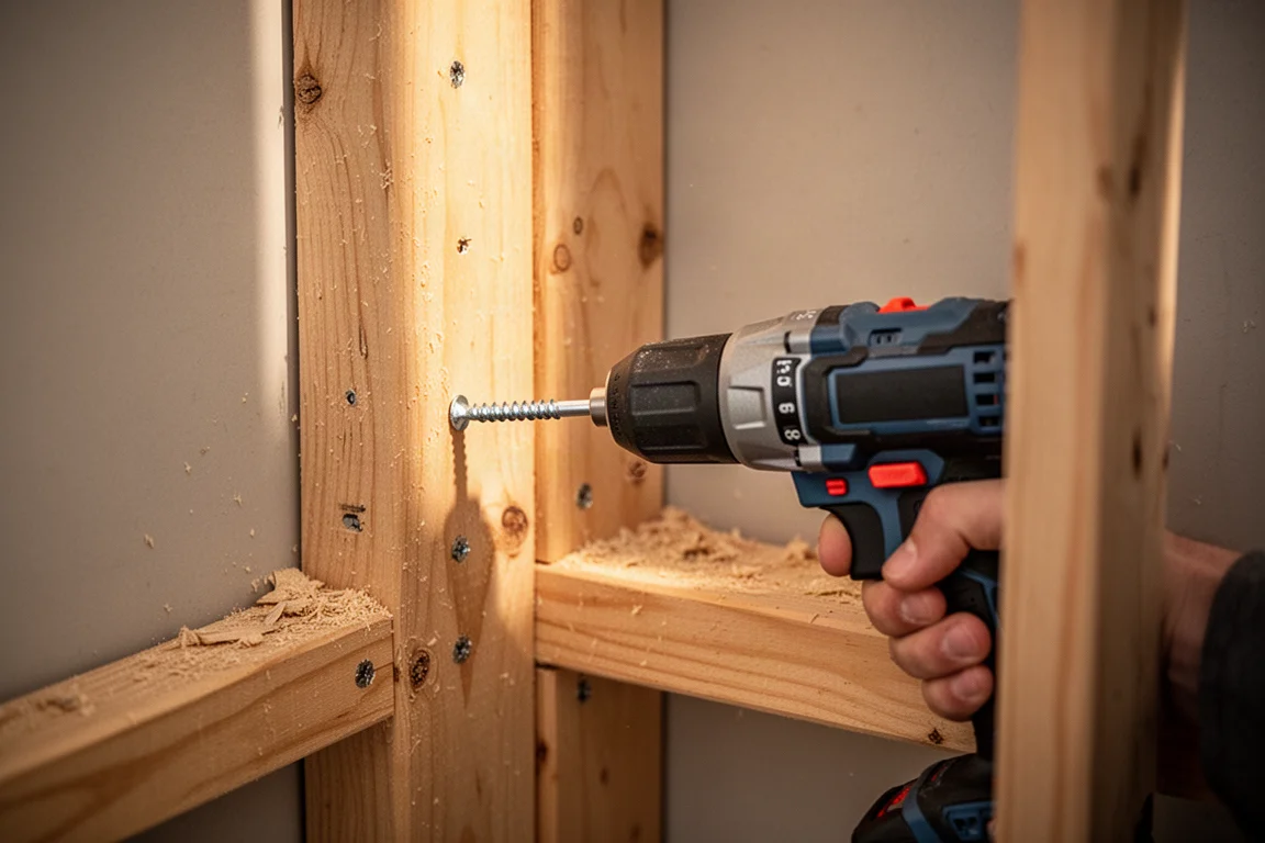 Avvitatore a impulsi che avvita una vite in una struttura di legno in un angolo stretto