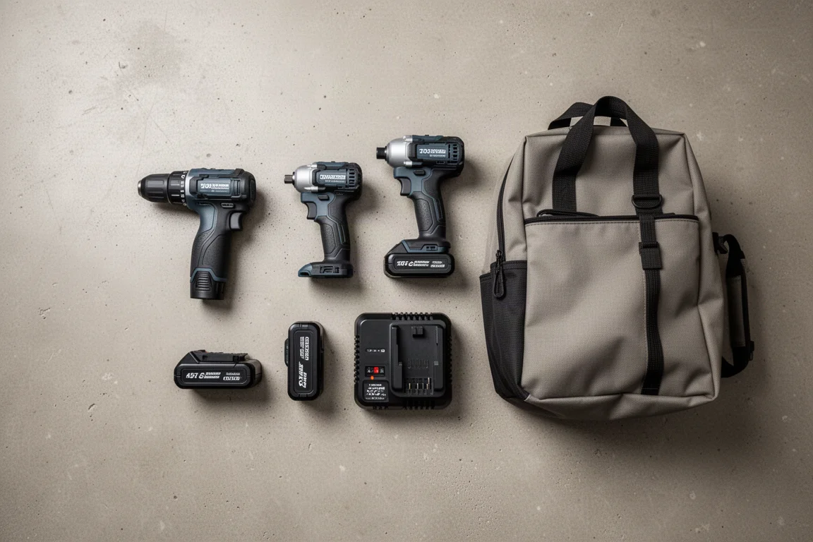 Kit combinato di due utensili con batterie, caricabatterie e borsa da cantiere appoggiati sul cemento