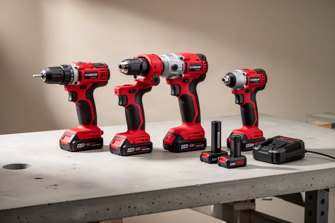 四款緊湊型 Milwaukee M18 電動工具整齊排列在混凝土工作檯上