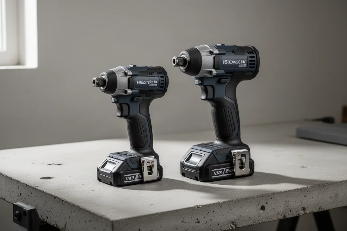 Två kompakta sladdlösa impact drivers sida vid sida på en arbetsbänk i mjukt ljus