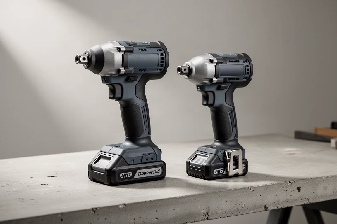 Milwaukee M18 緊湊型與 M12 衝擊起子機並排放置在工作檯上