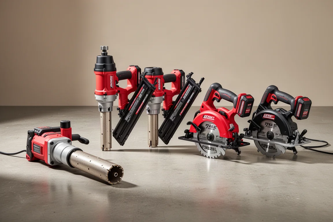 Five Milwaukee M18 cordless tools lined up on a concrete workshop floor