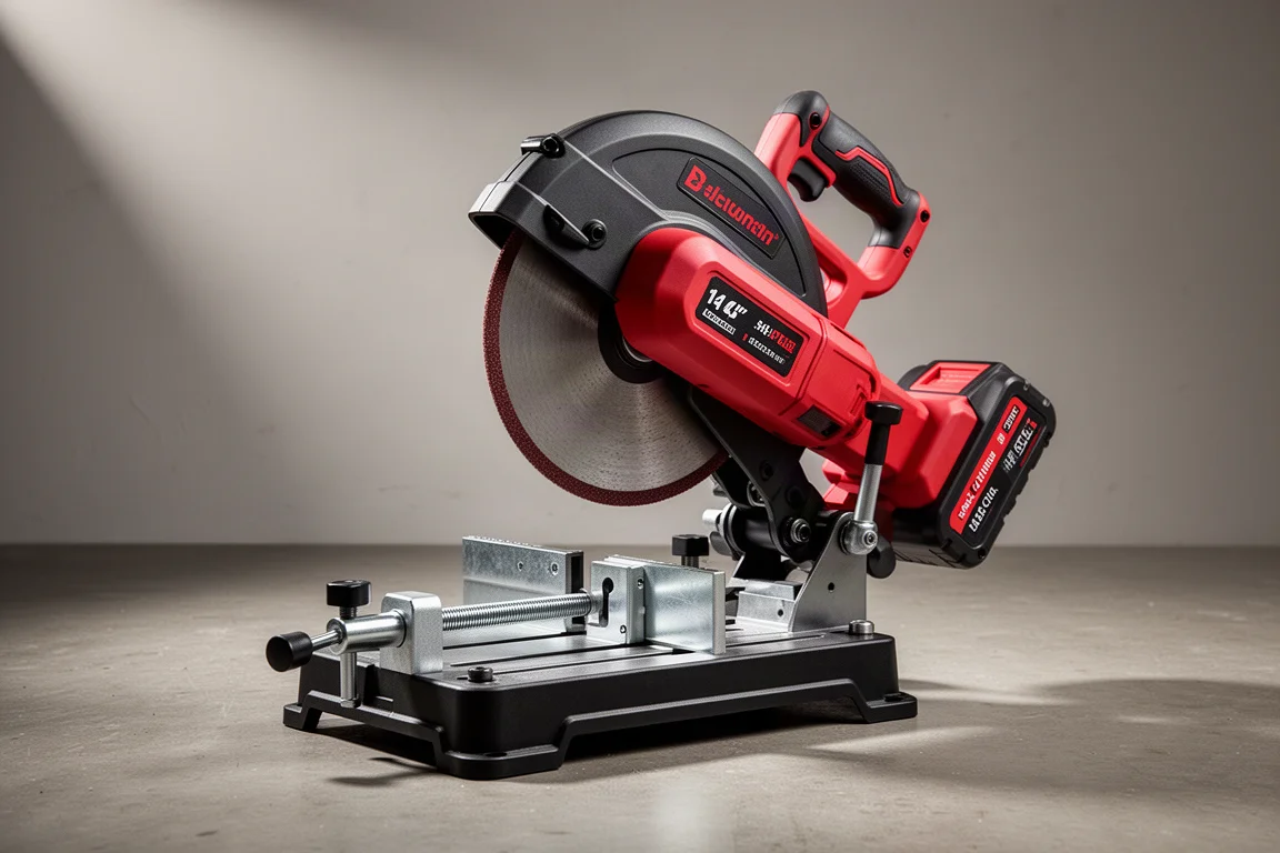 Milwaukee M18 cordless chop saw with battery and abrasive blade on concrete floor