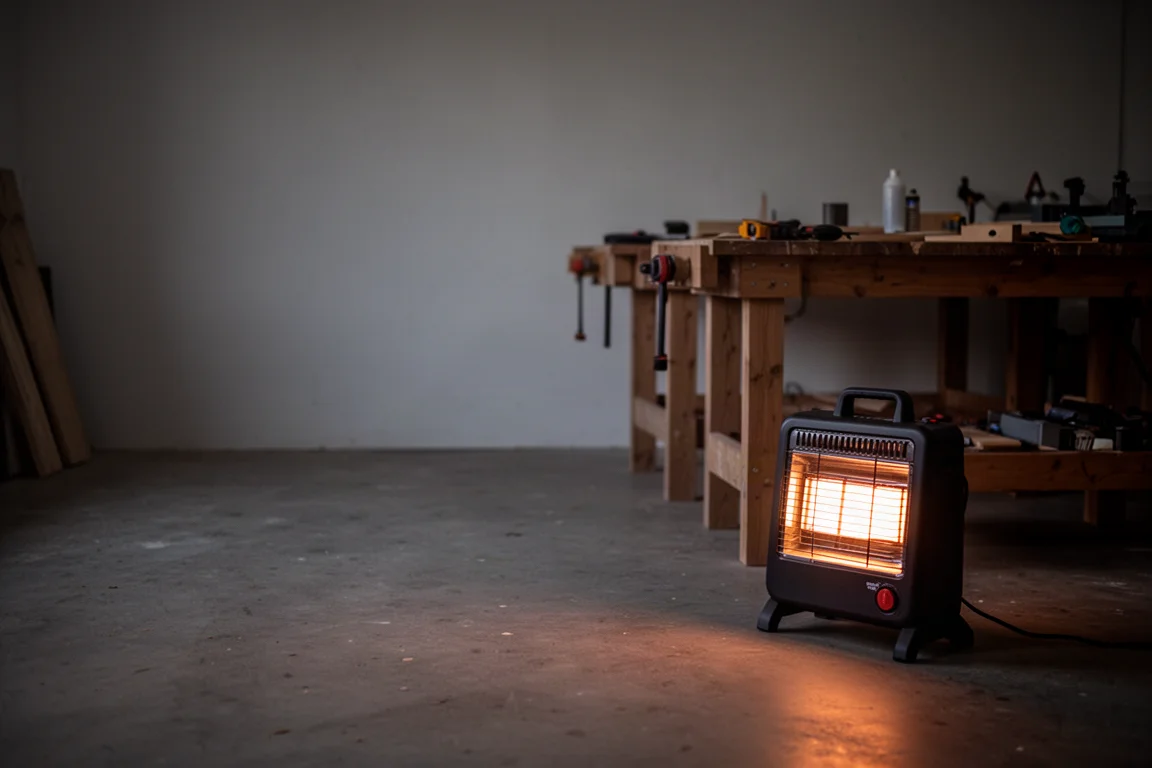 Intérieur d'atelier froid avec une lueur chaleureuse projetée par un chauffage portable