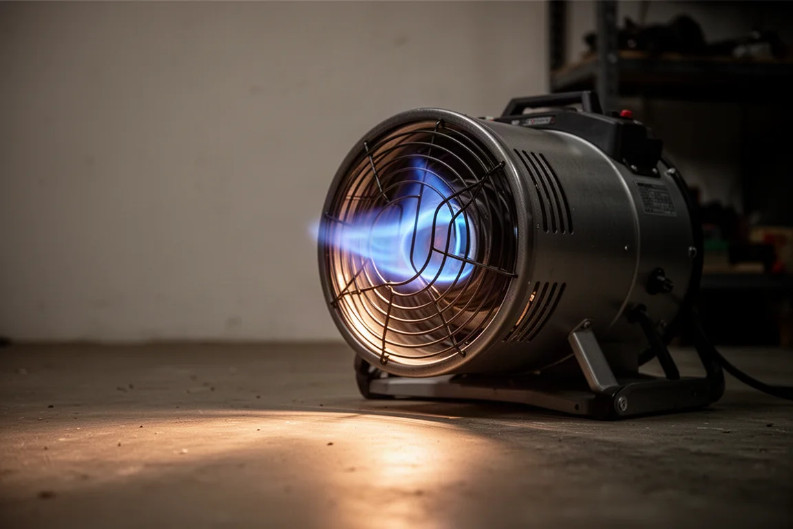 Flamme bleue brûlant dans la grille d'un chauffage dans un atelier sombre
