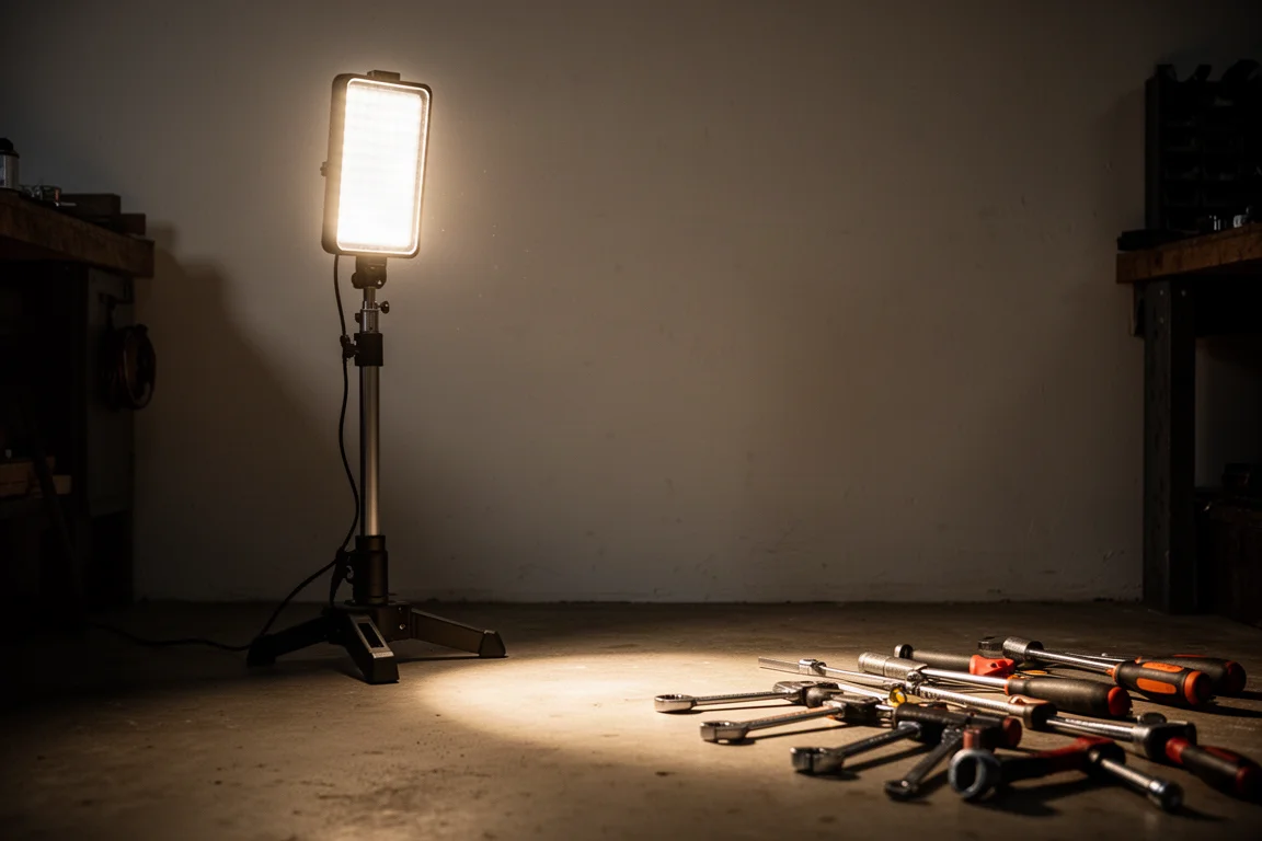 Luminária LED portátil iluminando um canto escuro de uma oficina
