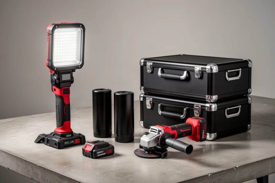 Milwaukee M18 電動工具、電池、照明燈與收納箱陳列在混凝土上的組合