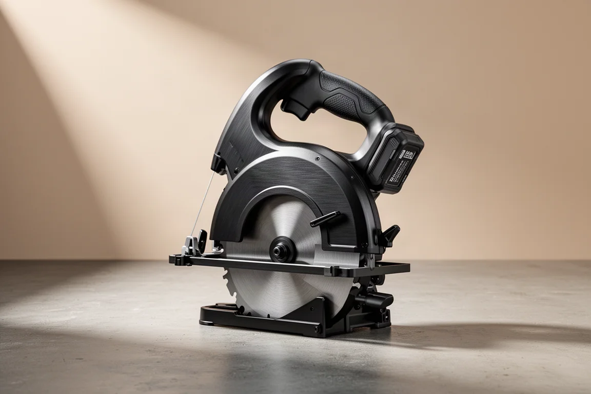 Cordless deep cut band saw with curved handle on a concrete workshop floor