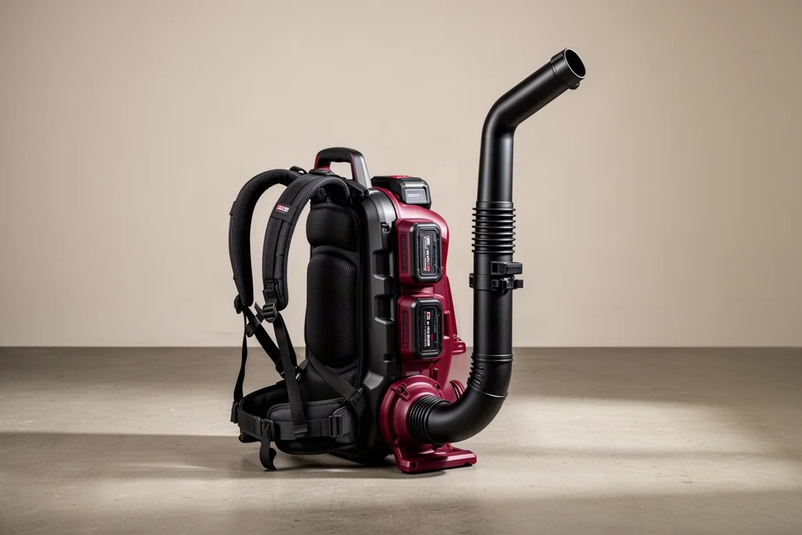 Milwaukee M18 dual backpack blower unit standing upright on a concrete floor