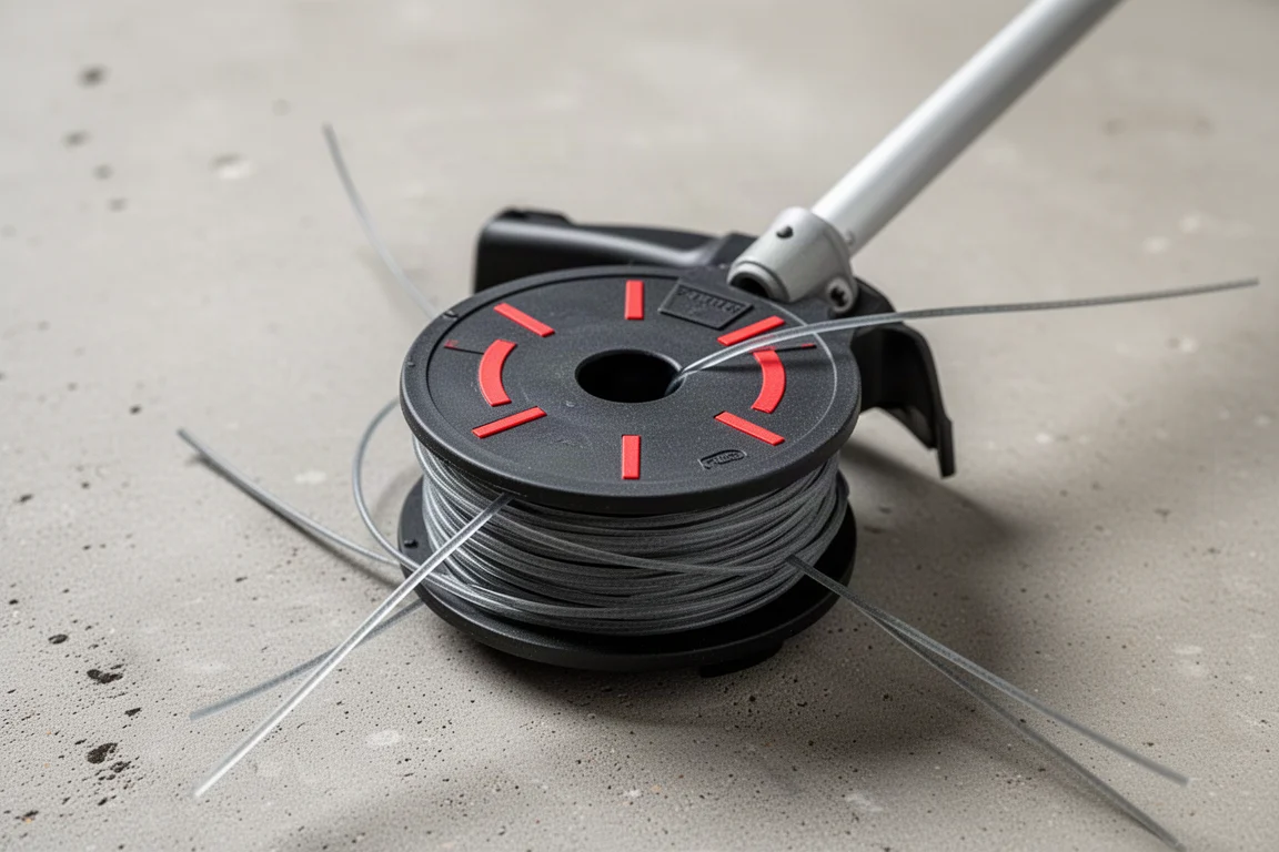 Nahaufnahme eines Speed-Load-Kopfs, der mit Trimmerfaden bestückt wird