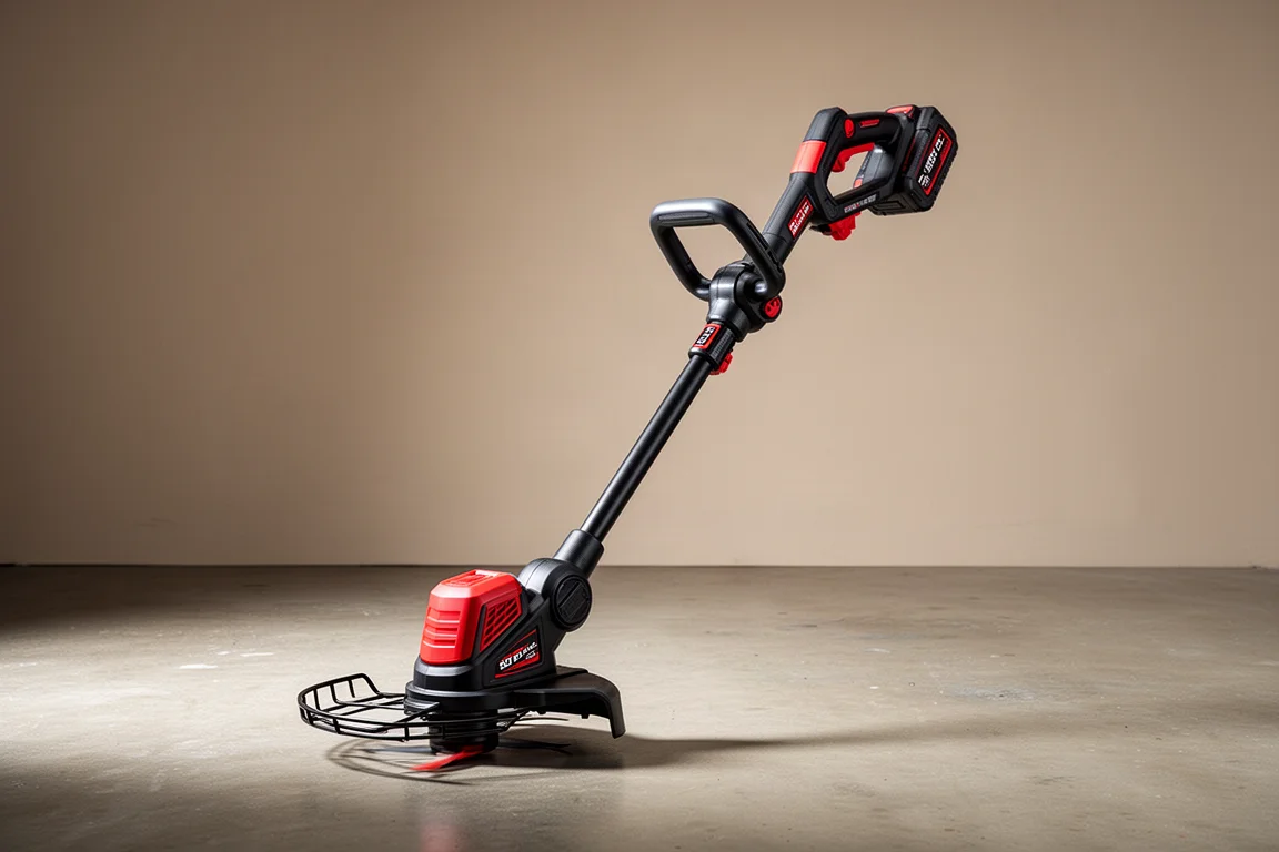 Milwaukee dual battery cordless string trimmer standing on a concrete garage floor