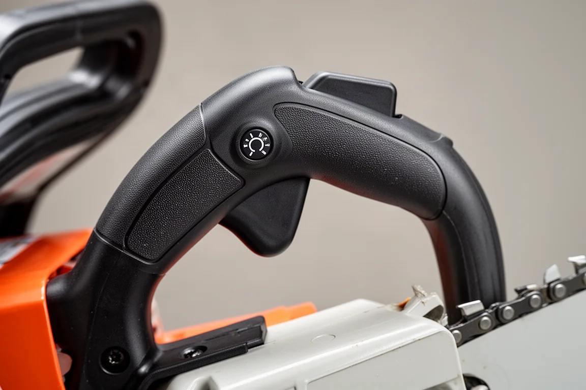 Nahaufnahme des Abzugs und Hintergriffs einer Kettensäge mit ergonomischen Details