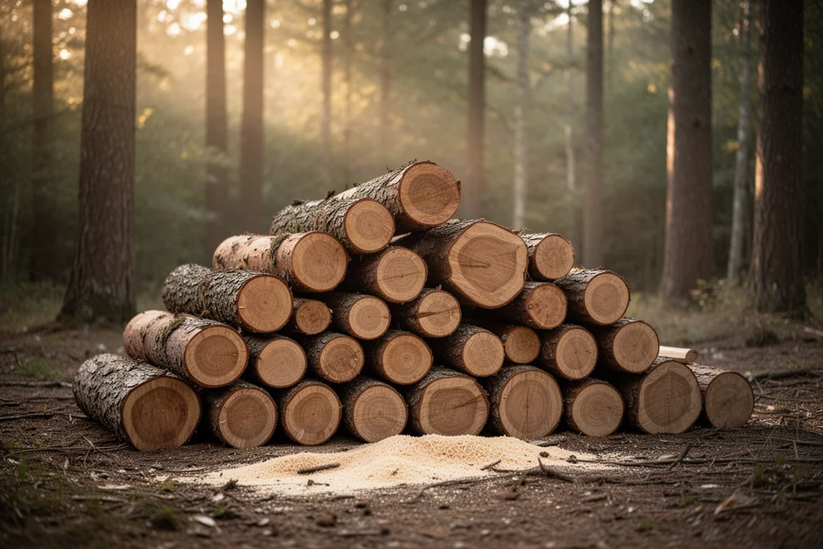 Gestapelte geschnittene Baumstammscheiben in einer Waldlichtung im späten Nachmittagslicht