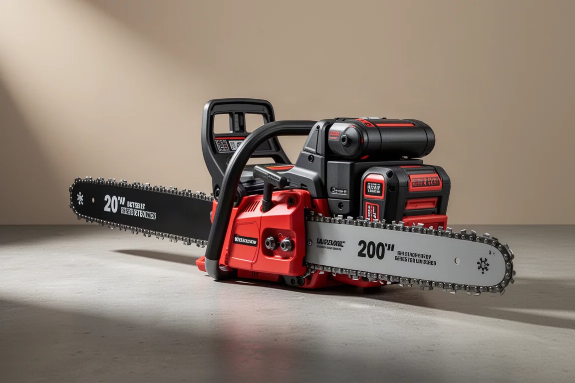 Milwaukee M18 dual-battery chainsaw with 20-inch bar and two batteries on concrete