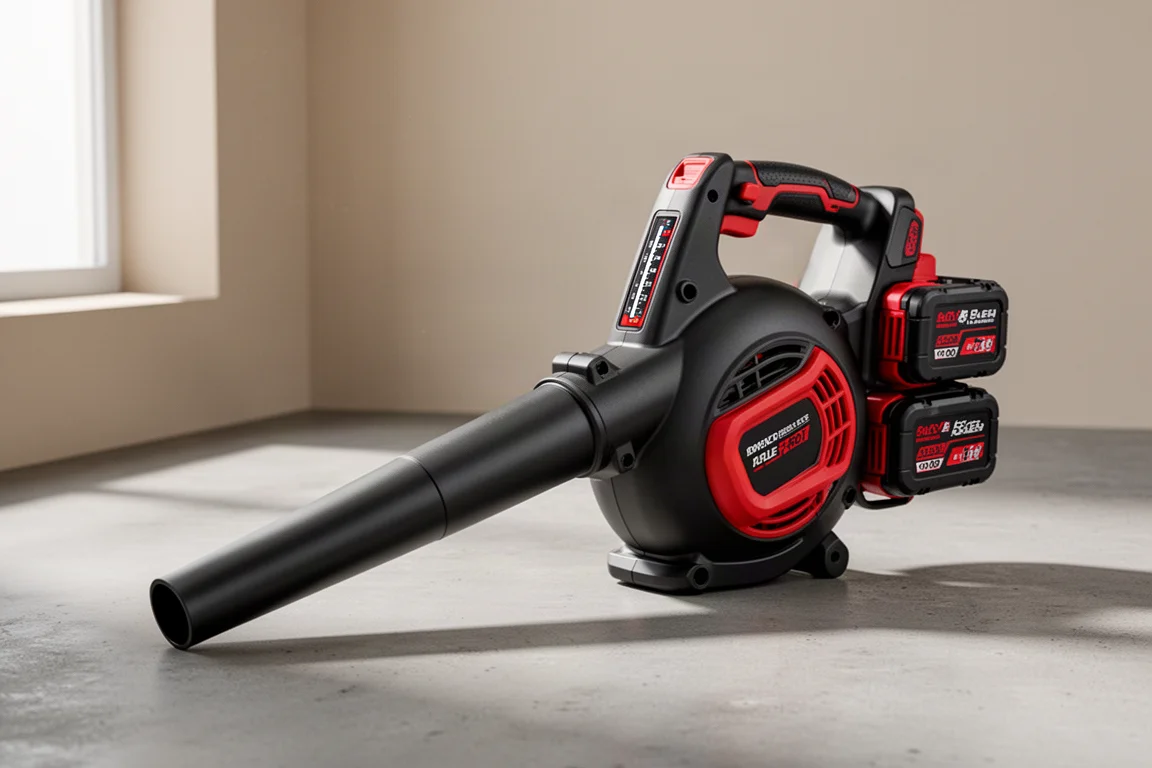Cordless dual-battery leaf blower with two batteries installed on a concrete surface