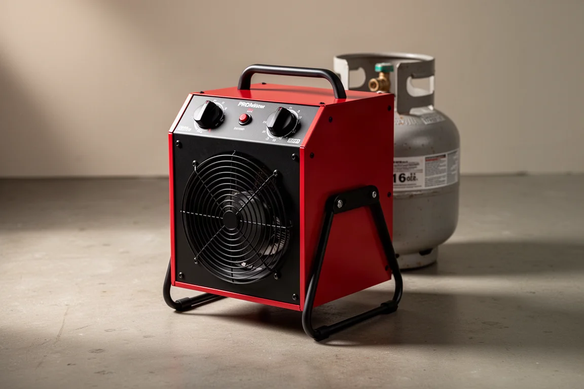 Stufa a gas portatile compatta rossa e nera su un pavimento di cemento di un'officina