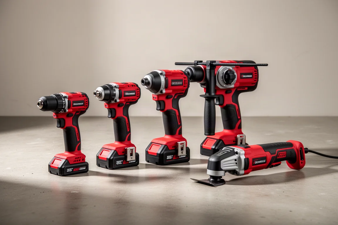 Linea di utensili elettrici compatti a batteria Milwaukee M18 su un pavimento di cemento in officina