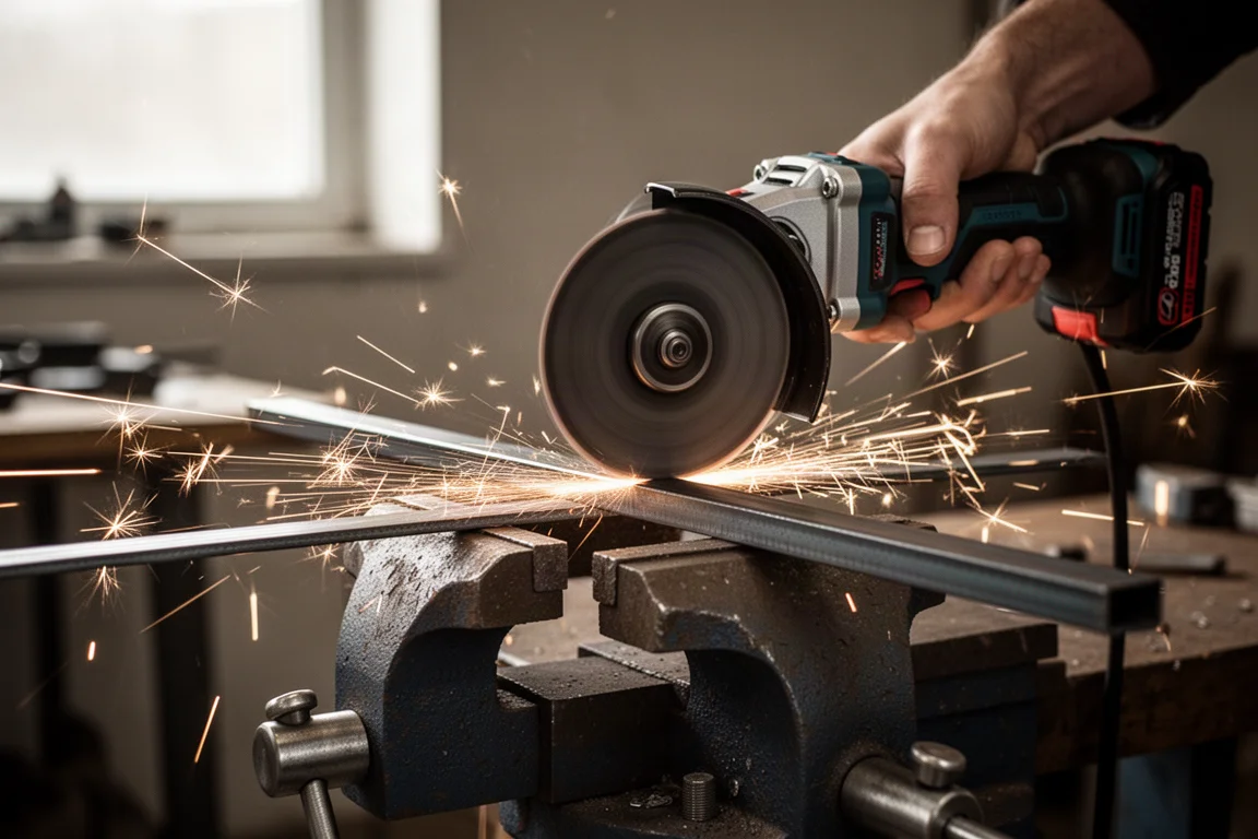 Cordless grinder cutting through steel with bright sparks flying