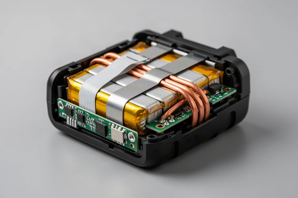 Battery pack opened to show internal cell layout and circuit board