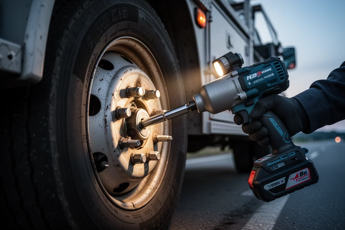 High torque impact wrench loosening a large truck lug nut