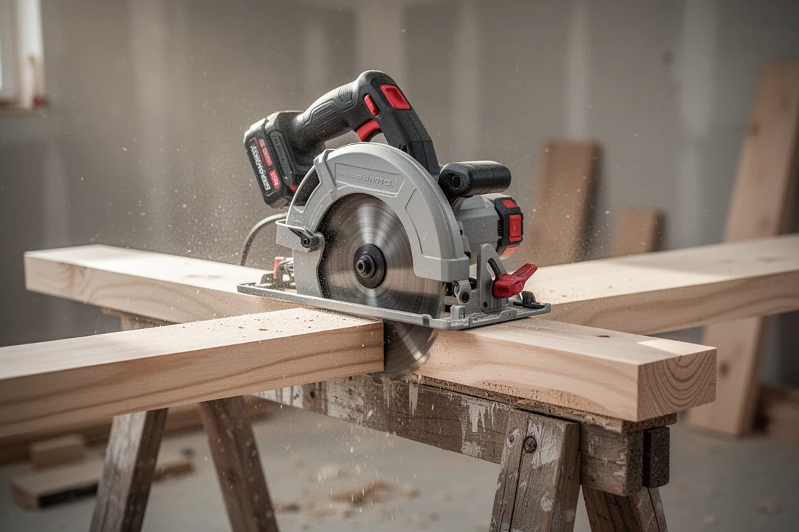 Cordless circular saw ripping a sheet of lumber on a jobsite