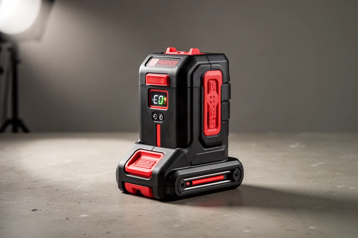 Batteria Milwaukee M18 Forge 6.0 su una superficie di cemento in officina
