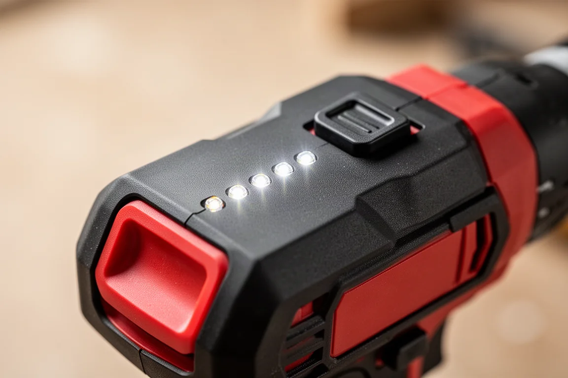 Close-up of a battery fuel gauge showing LED indicator lights