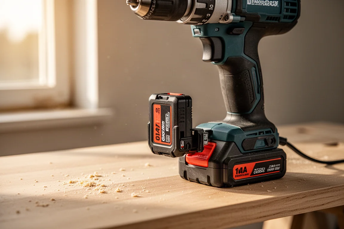 Battery pack sliding onto a cordless hammer drill on a workbench
