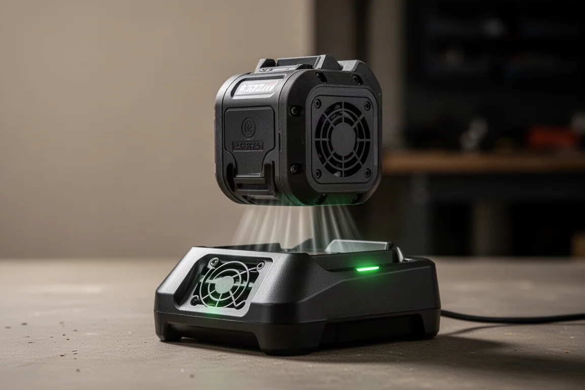 Fast charger with cooling fan charging a power tool battery