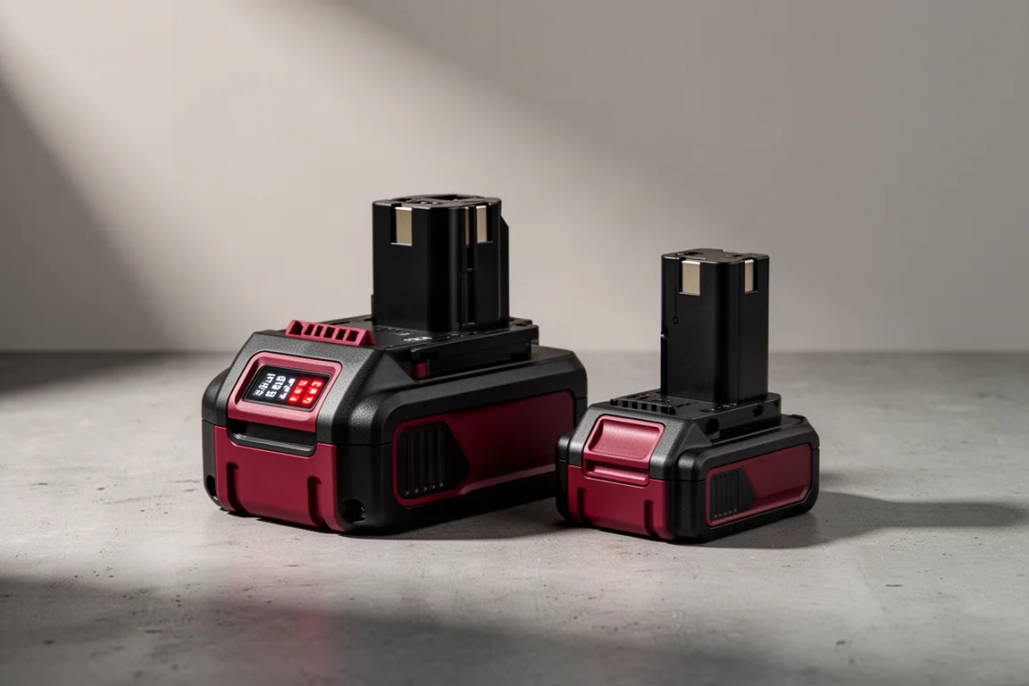 Two cordless power tool battery packs side by side on a concrete surface