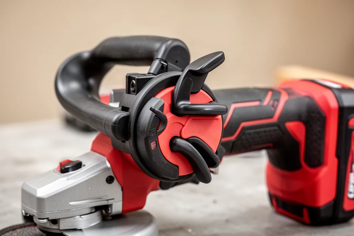 Close-up of a paddle switch and dual trigger assembly on a cordless angle grinder