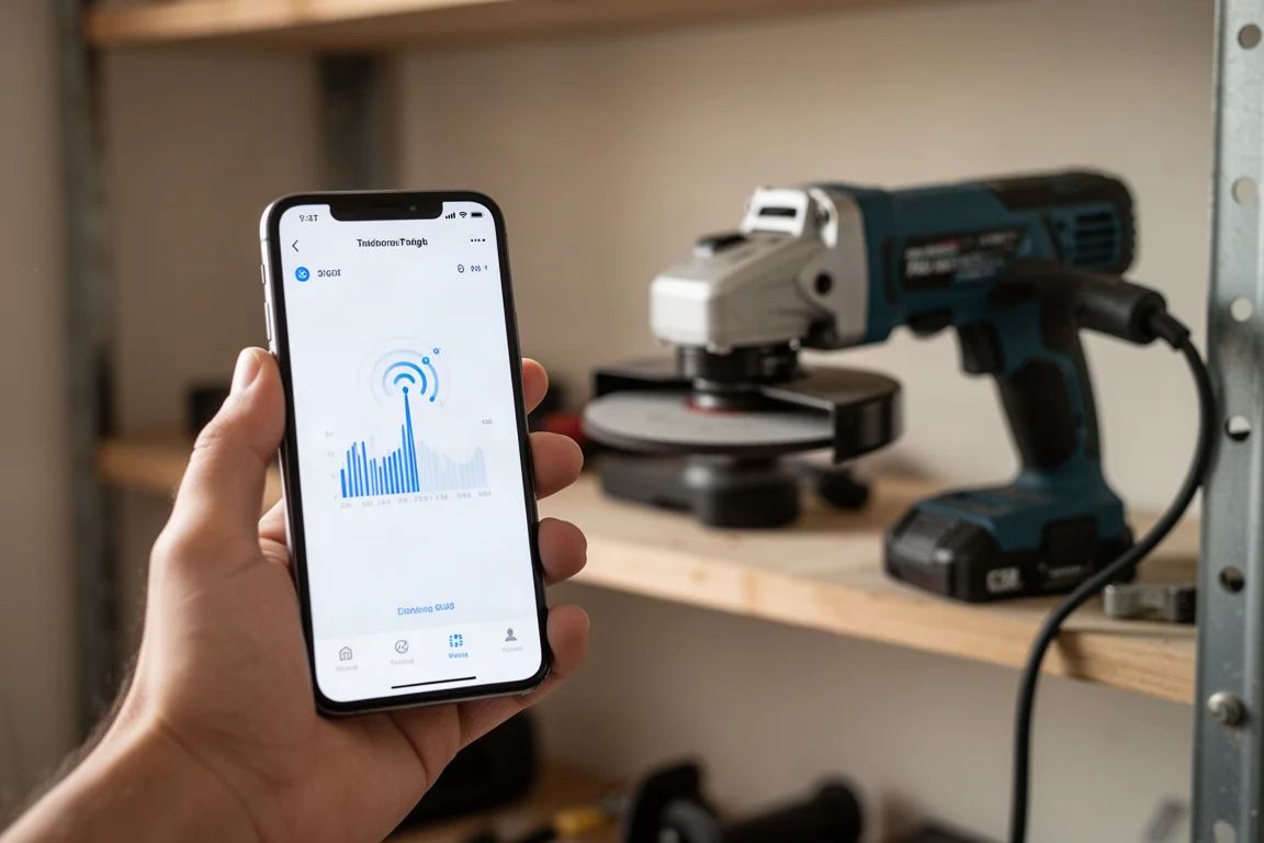 Smartphone app screen tracking a power tool location in a workshop