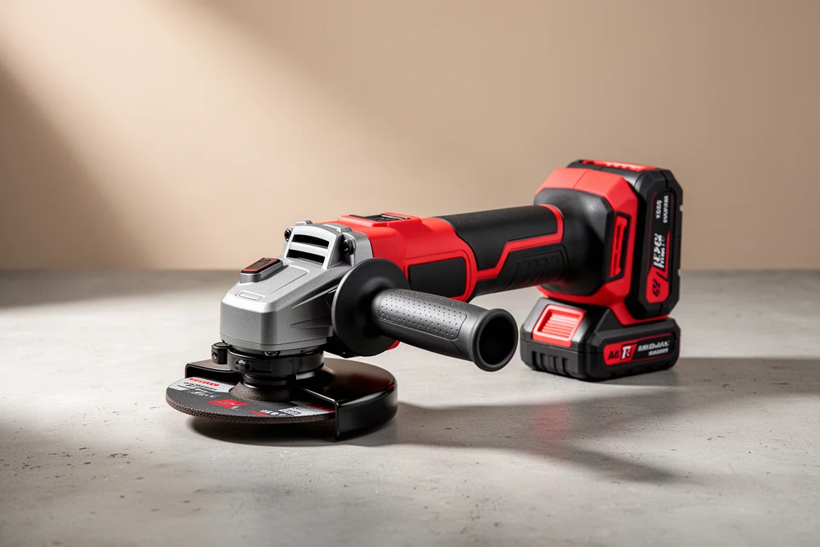 Red and black cordless angle grinder with fixed handle on a concrete surface