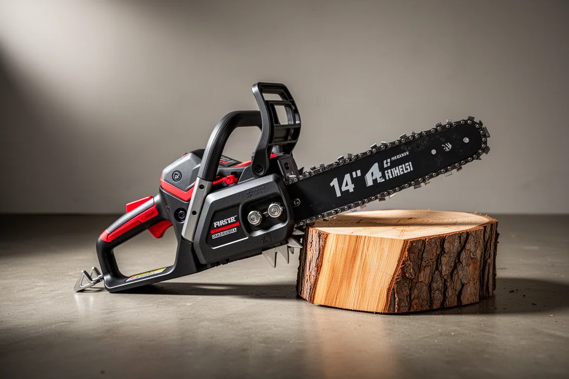 Cordless top-handle chainsaw with 14-inch bar on a concrete workshop floor
