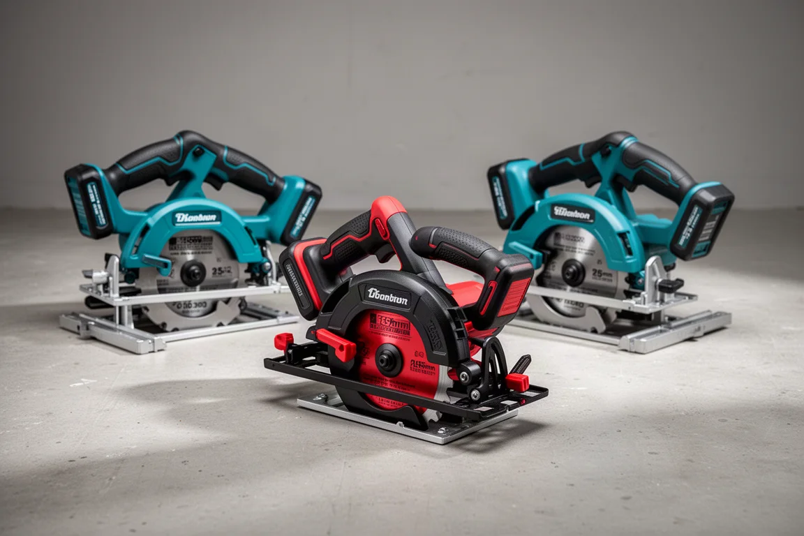 Three cordless circular saws arranged on a concrete workshop floor