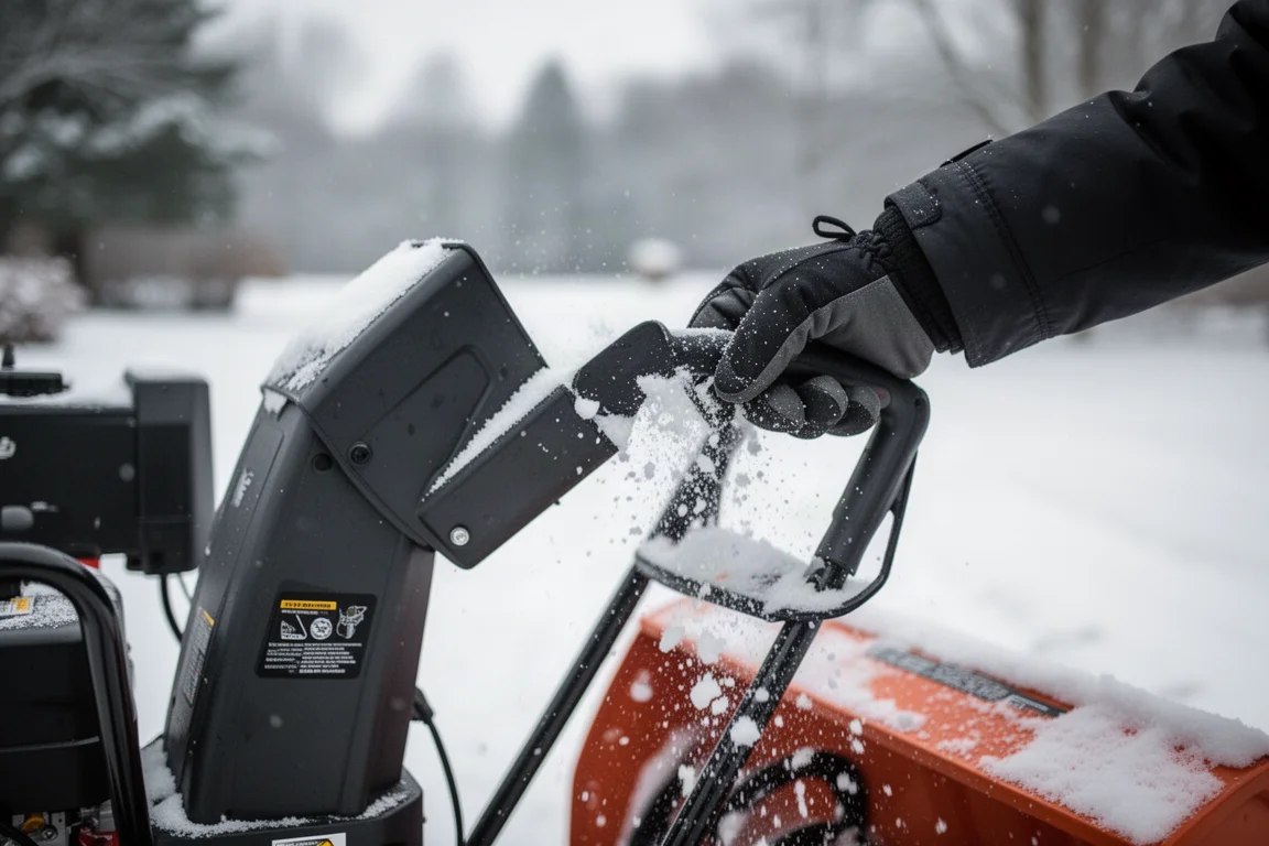 Behandschuhte Hände stellen den Auswurfrohr-Regler einer Schneefräse ein