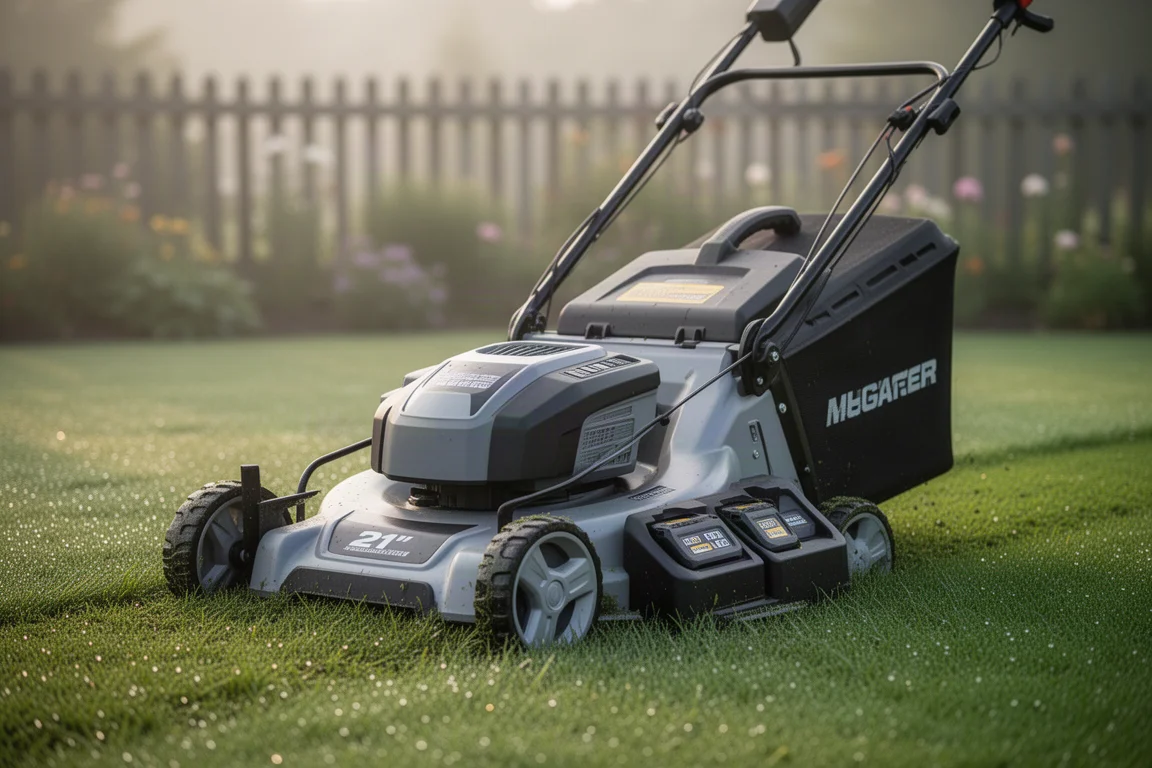 Cordless self-propelled lawn mower with steel deck and large rear wheels on concrete