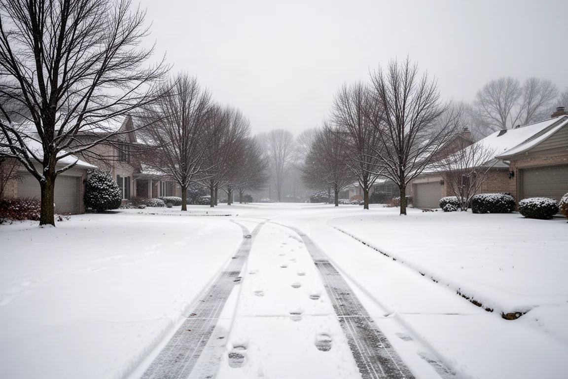 Verse sneeuwval die een woonoprit en stoep bedekt in winterochtendlicht