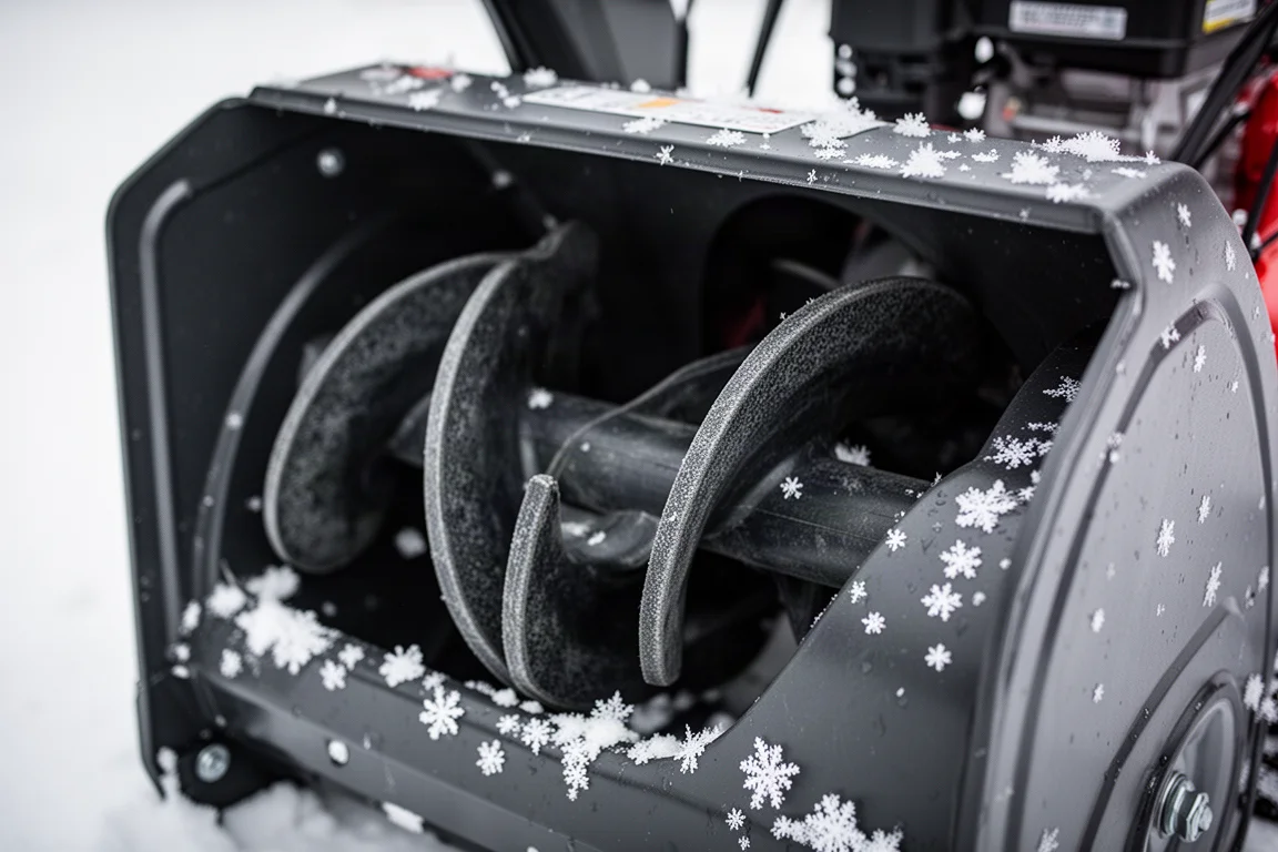 Close-up van een rubberen auger-mes in de inlaat van een sneeuwblazer