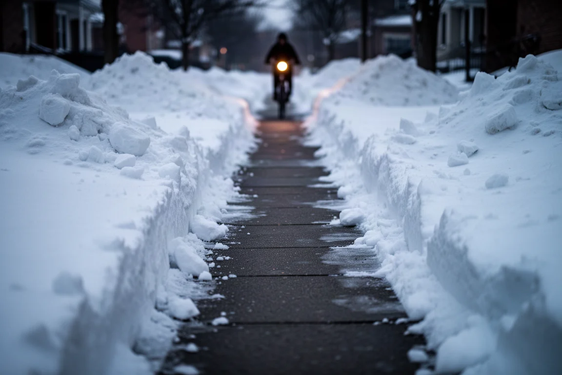 Gevreesd pad door diepe sneeuw op een stoep in de schemering met een verlichte handgreep in de verte