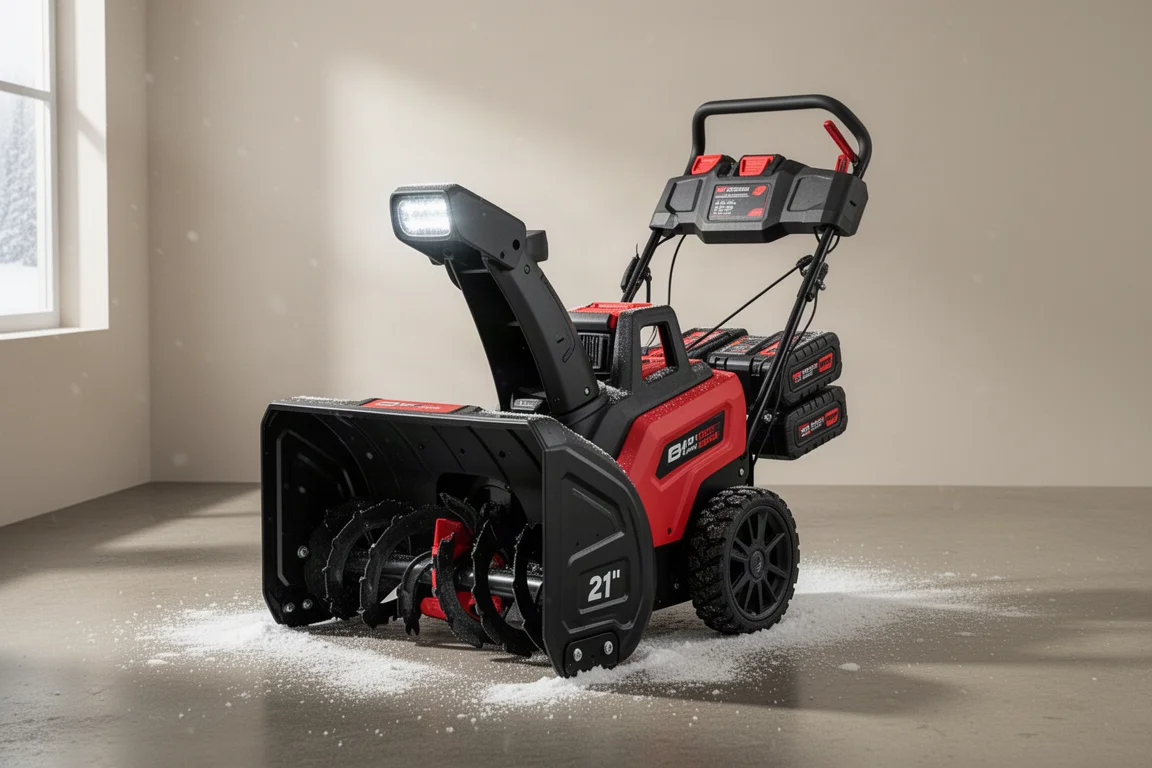 Cordless single-stage snowblower with rubber auger and dual battery packs on a concrete surface