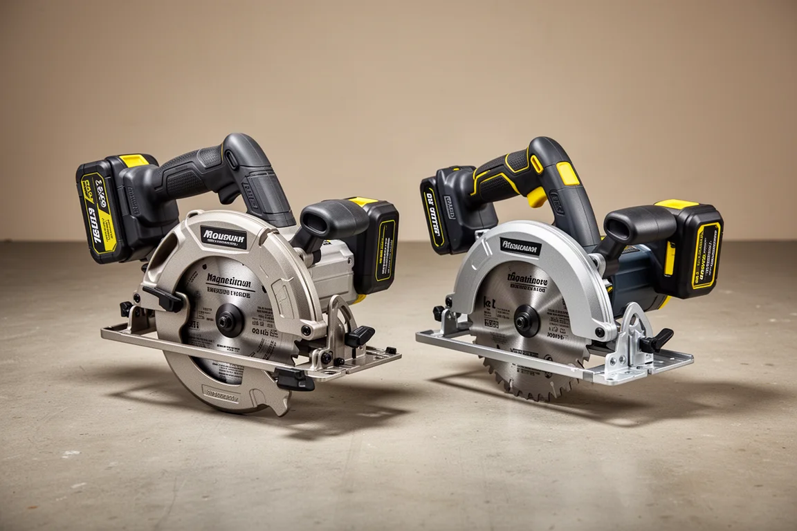 Two cordless circular saws side by side on a concrete floor