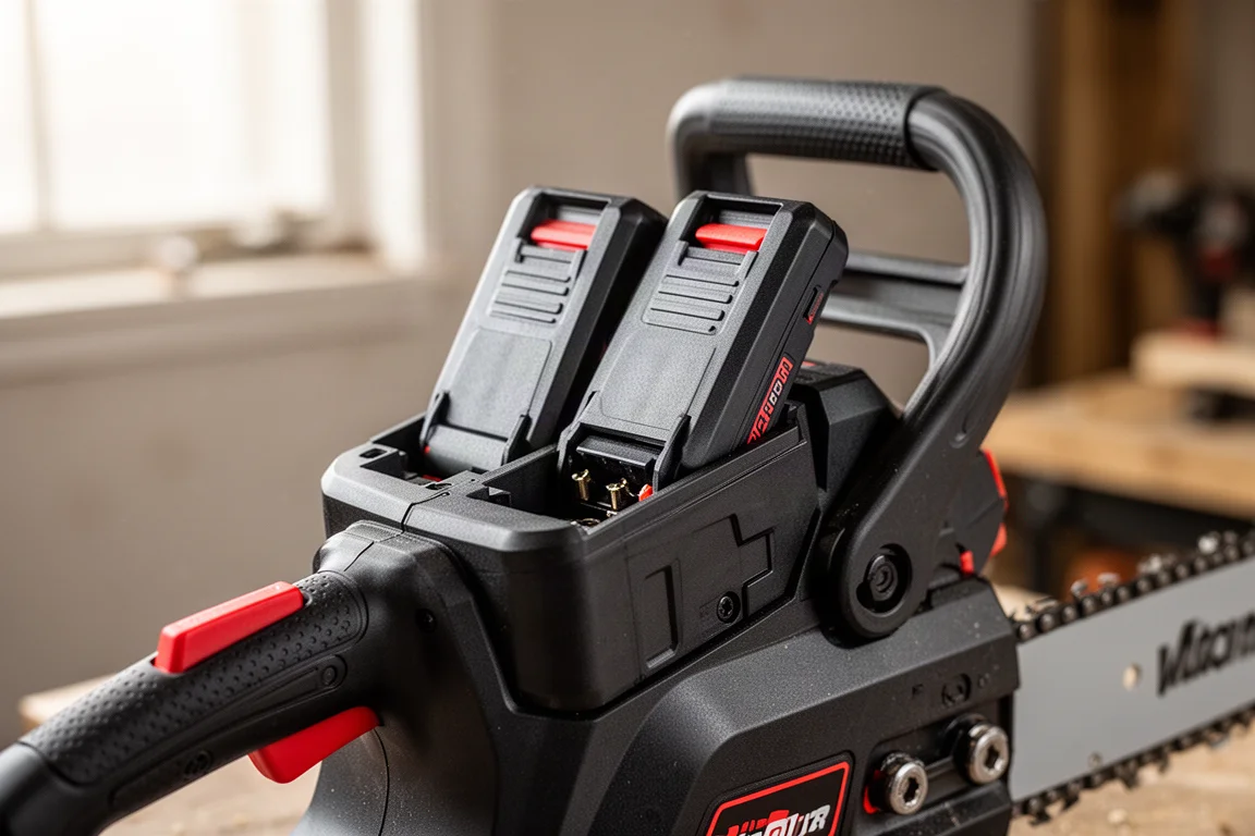 Top of a chainsaw body showing two battery packs sliding into rear ports