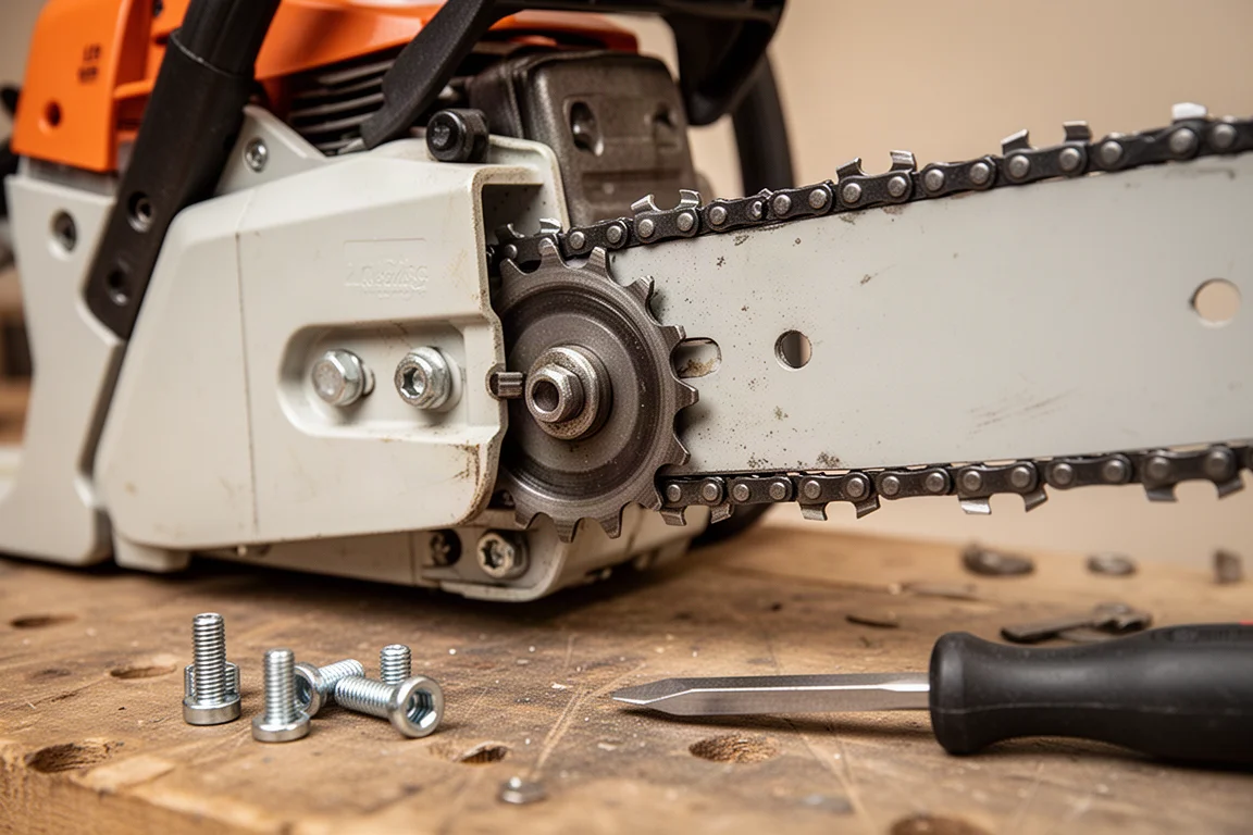 Close-up of a chainsaw bar and chain seated on the sprocket during installation