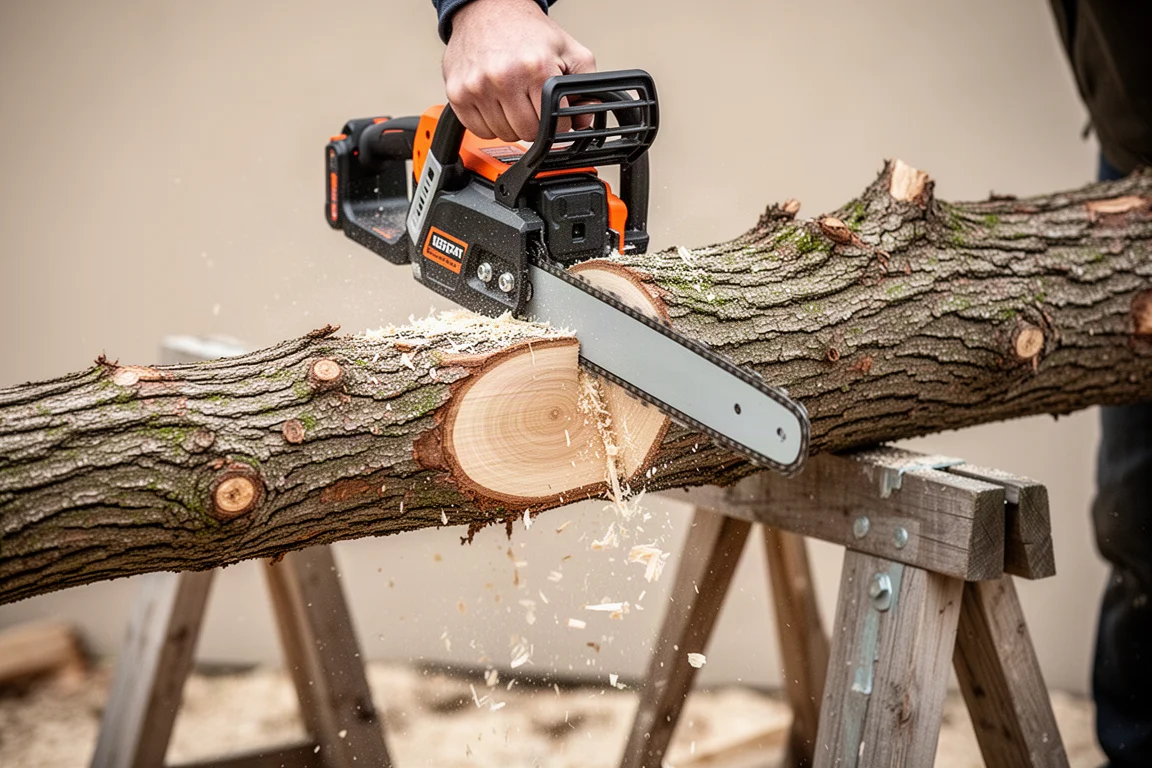 Chainsaw cutting through a thick oak branch with saw chips flying
