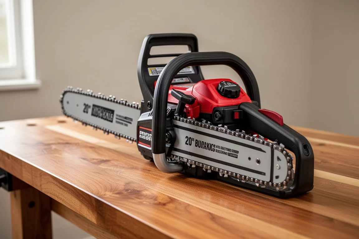Chainsaw held by its rear handle showing balanced weight distribution