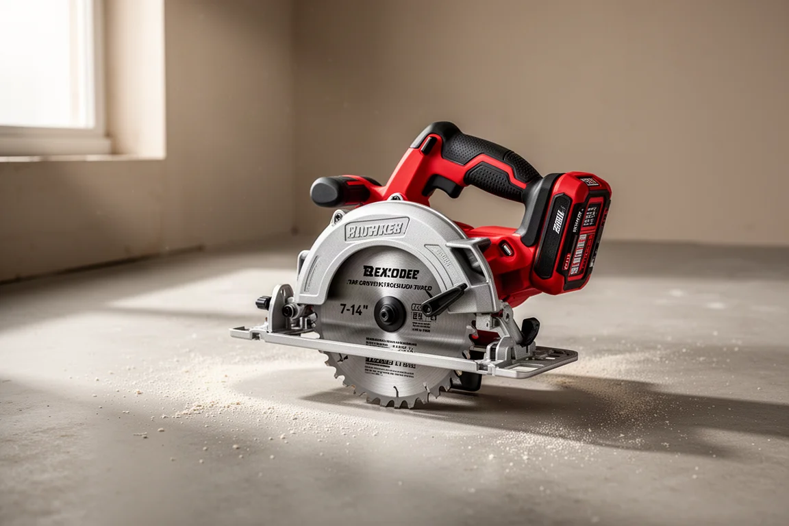 Red and black cordless circular saw on a concrete workshop floor