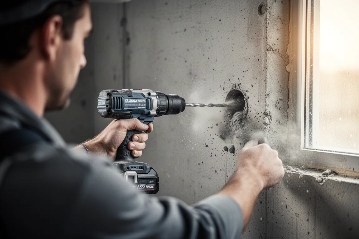 Handwerker bohrt mit einem Akkuschlagbohrschrauber in eine Betonwand